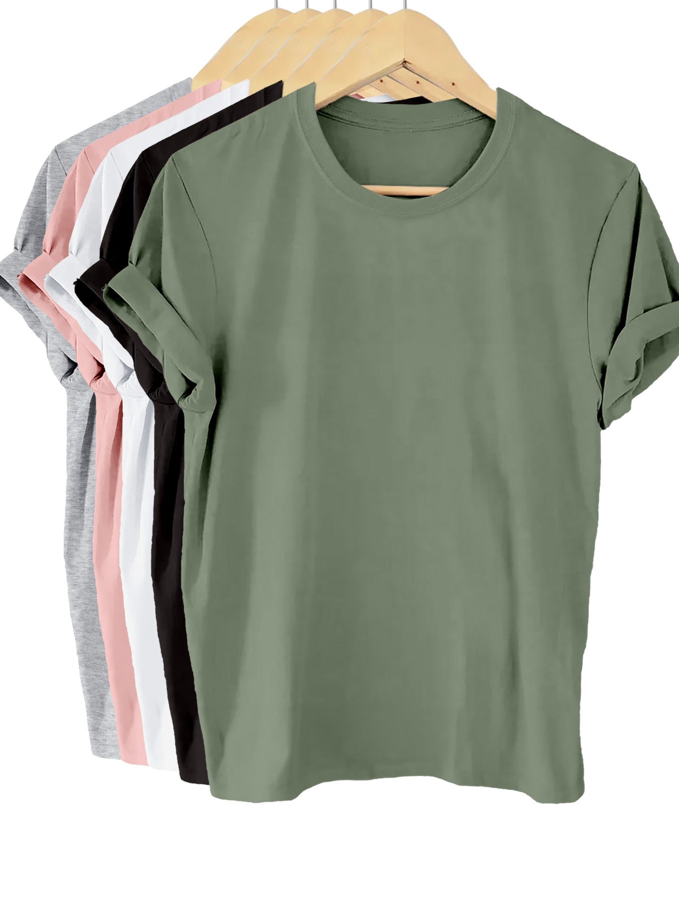 Stack of plain t-shirts in various colors on a white background