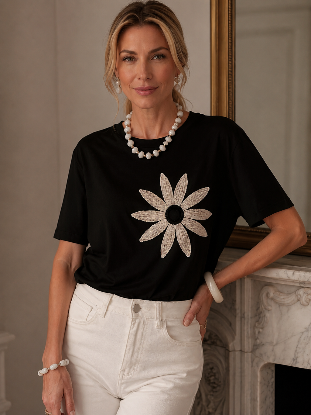 dam blus blomma sot svart dammode