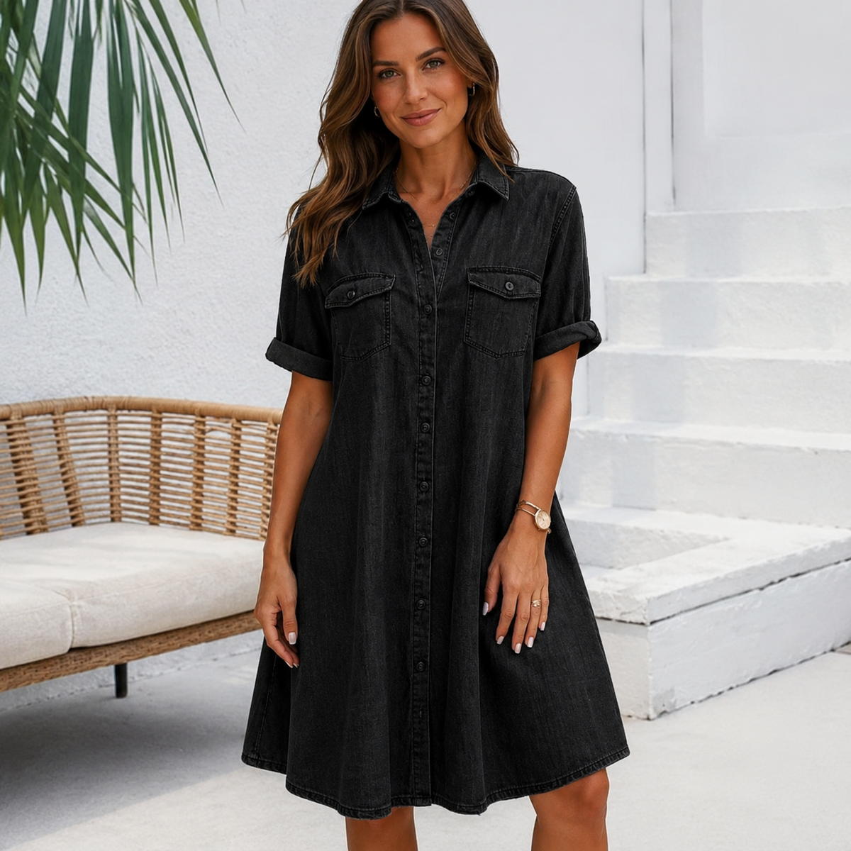 dammode-v-ringad-midiklanning-knappar-dam-svart - Dammode [product_title] [variant_title] dam basplagg