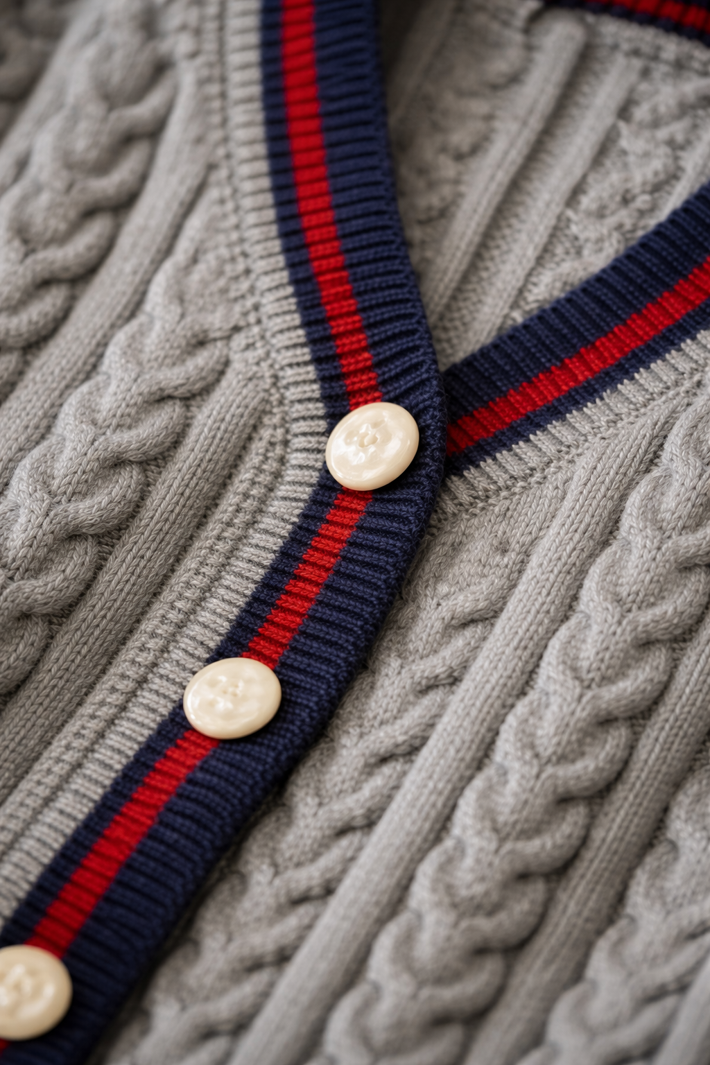 Close-up of a gray cable knit sweater with red and blue striped trim and white buttons.