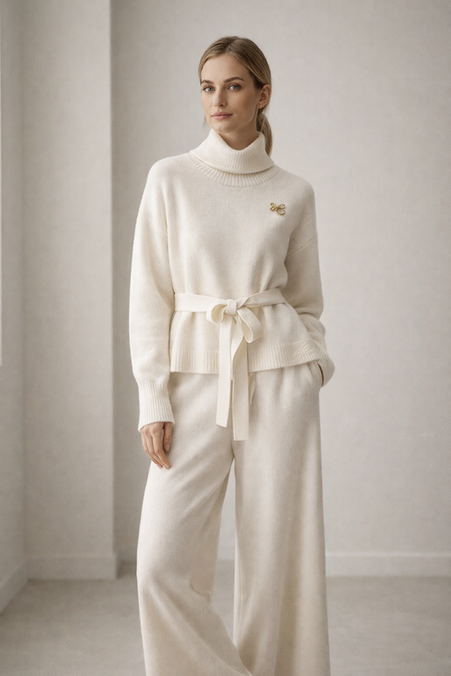Woman wearing a cream-colored outfit with a belt in a minimalistic setting