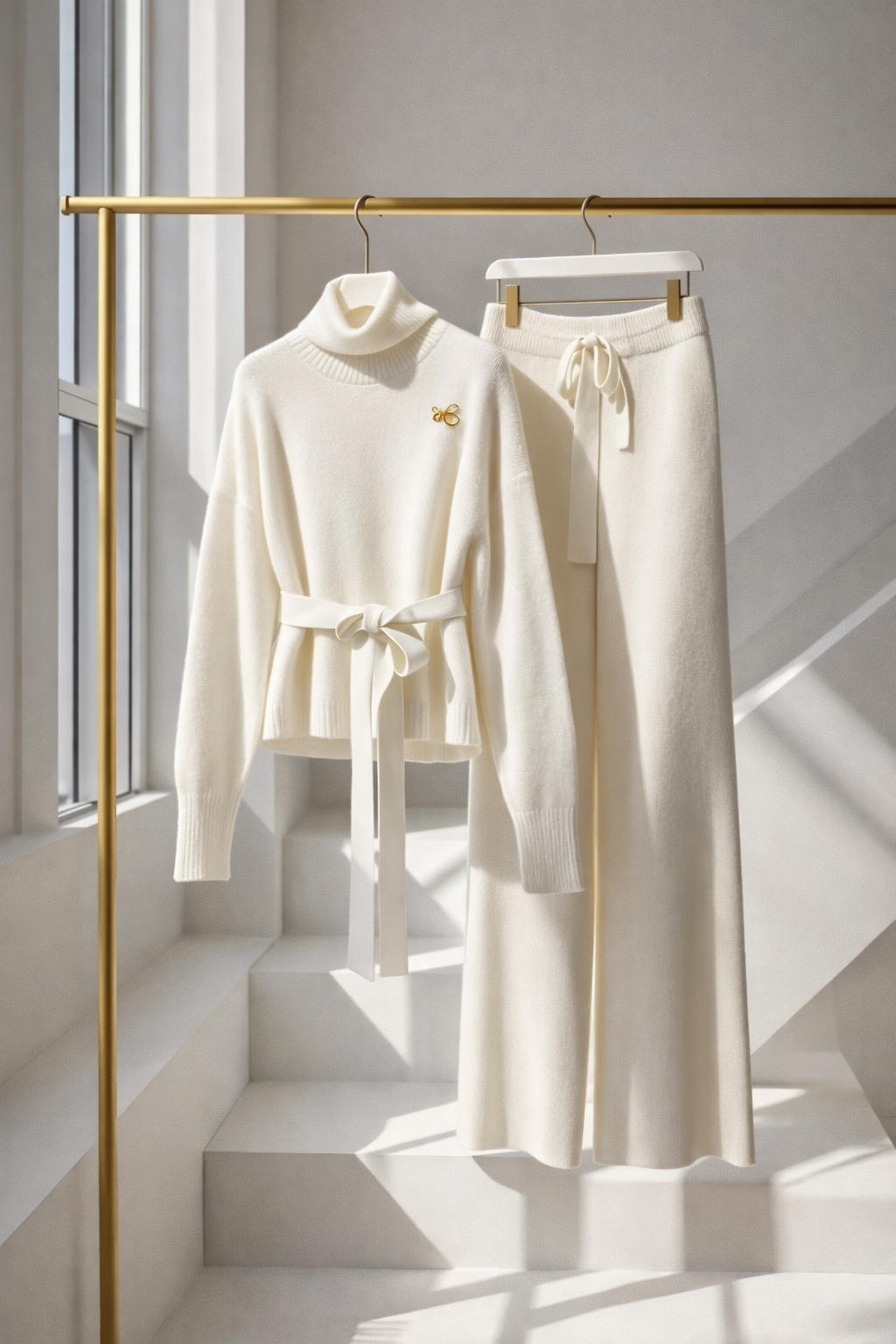 White turtleneck sweater and pants hanging on a gold rack with a neutral background