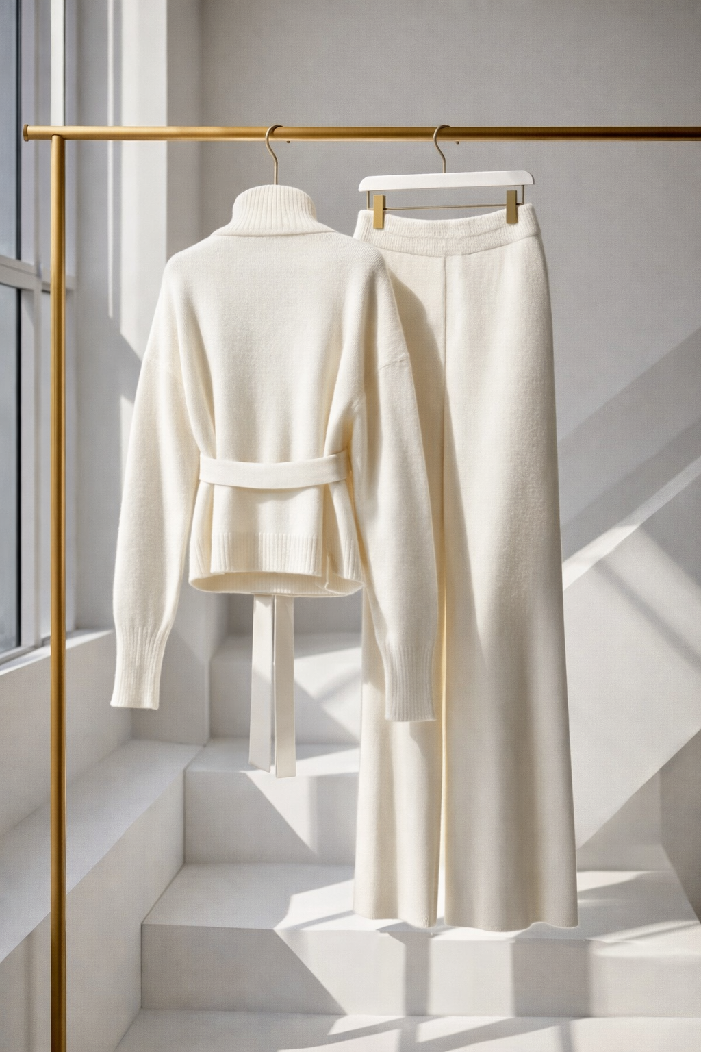 White outfit with a jacket and pants on a gold rack against a light gray wall.