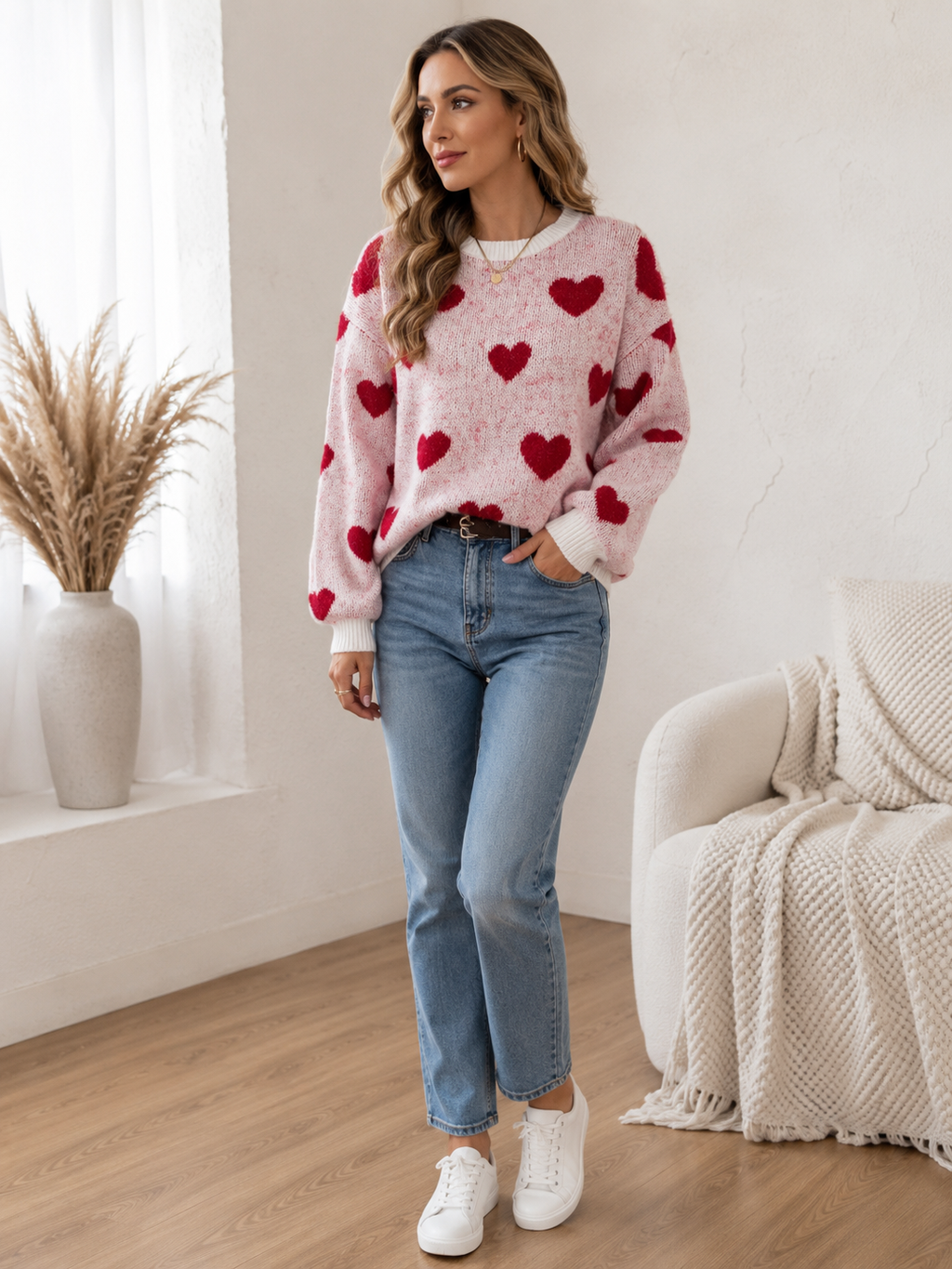 hjartmonster stickad troja dam rosa röd
