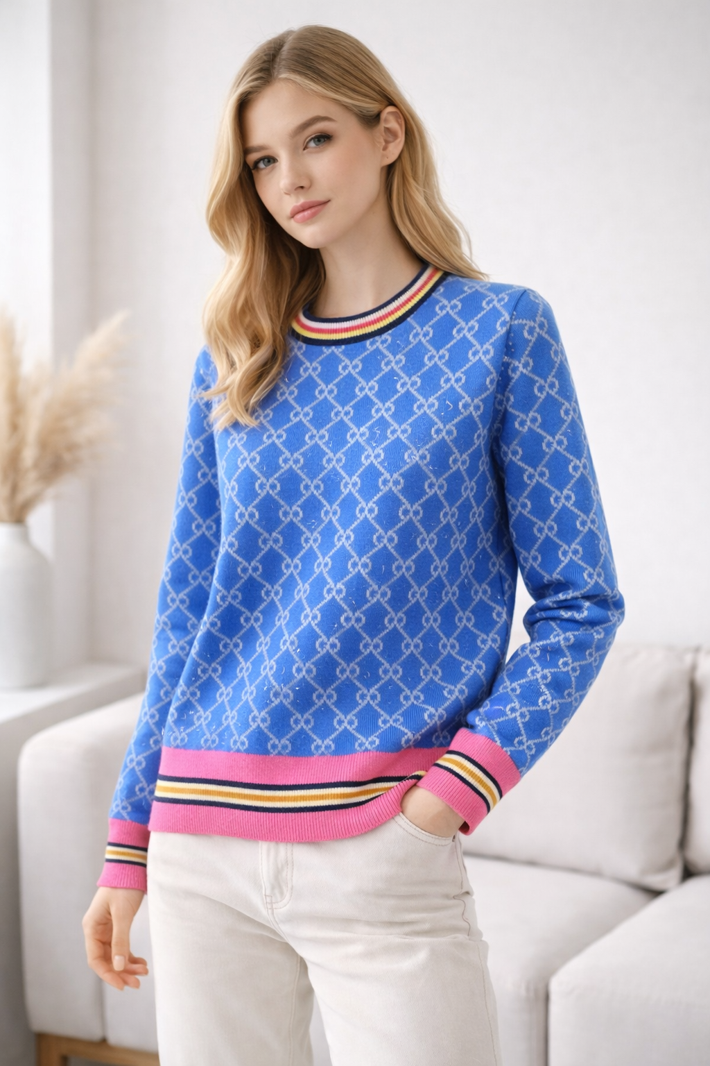 Woman wearing a blue patterned sweater with colorful trim in a living room setting