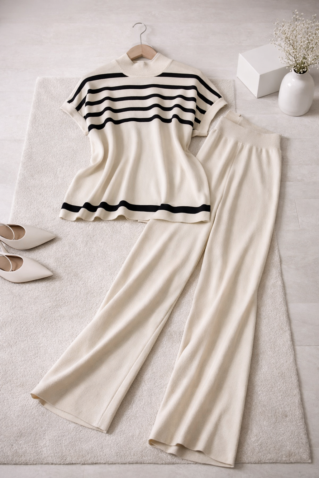 Striped top and beige pants on a light surface with shoes and a vase.