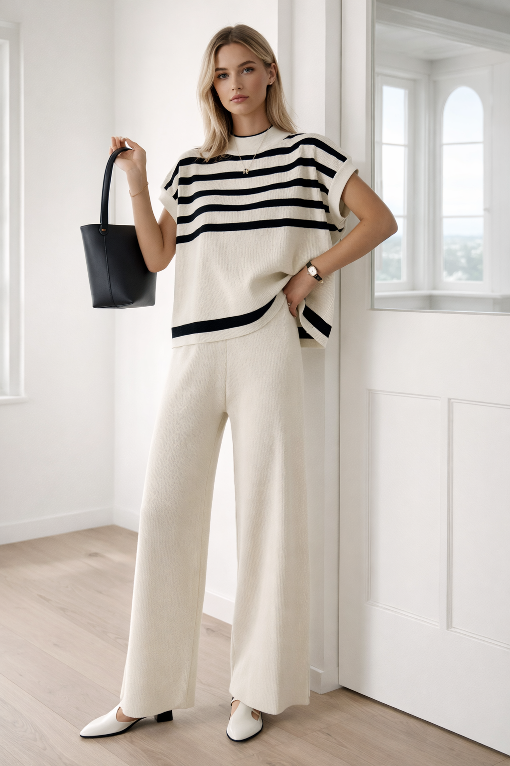 Woman wearing a black and white striped top and wide-leg pants, holding a black bucket bag indoors.