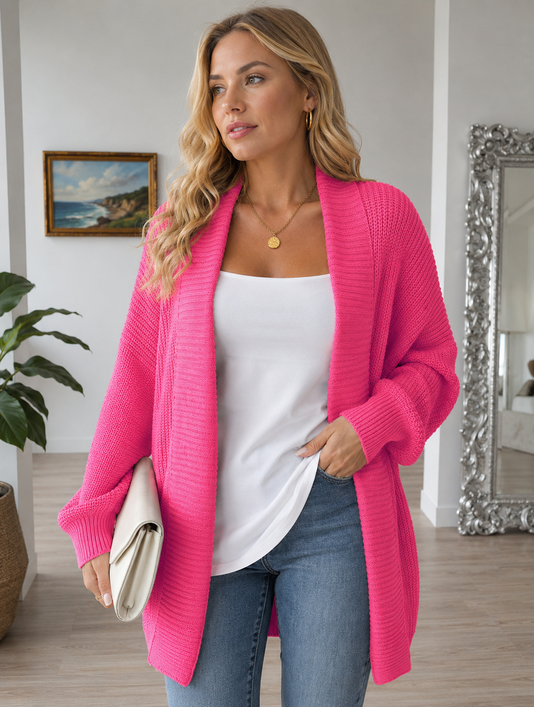 oversize stickat cardigan dammode sverige 2026 rosa damkläder