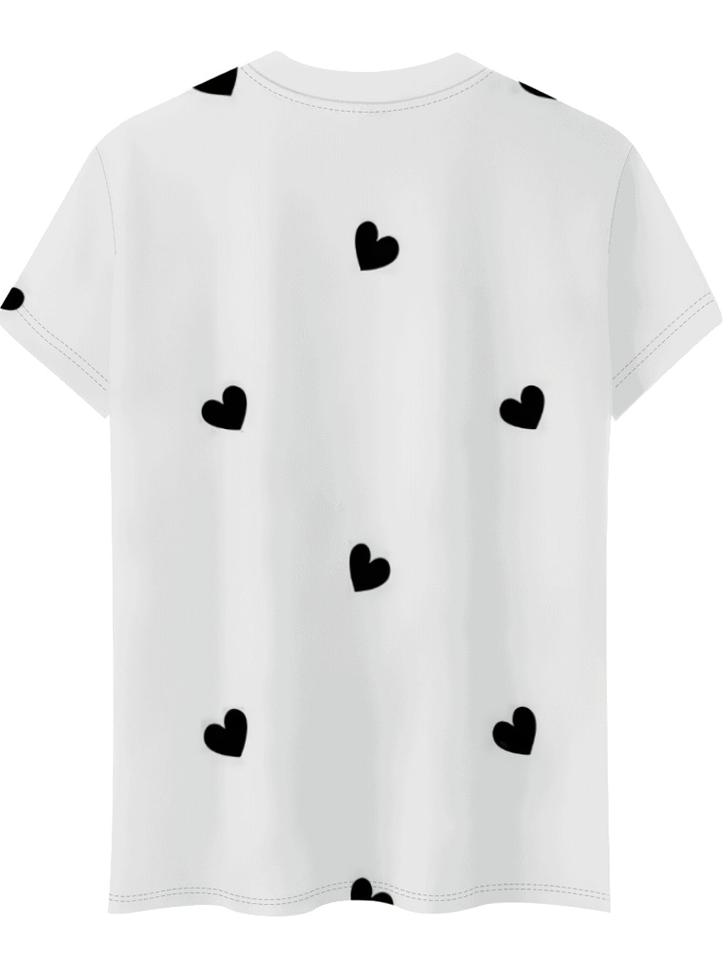 White t-shirt with black heart patterns on a white background