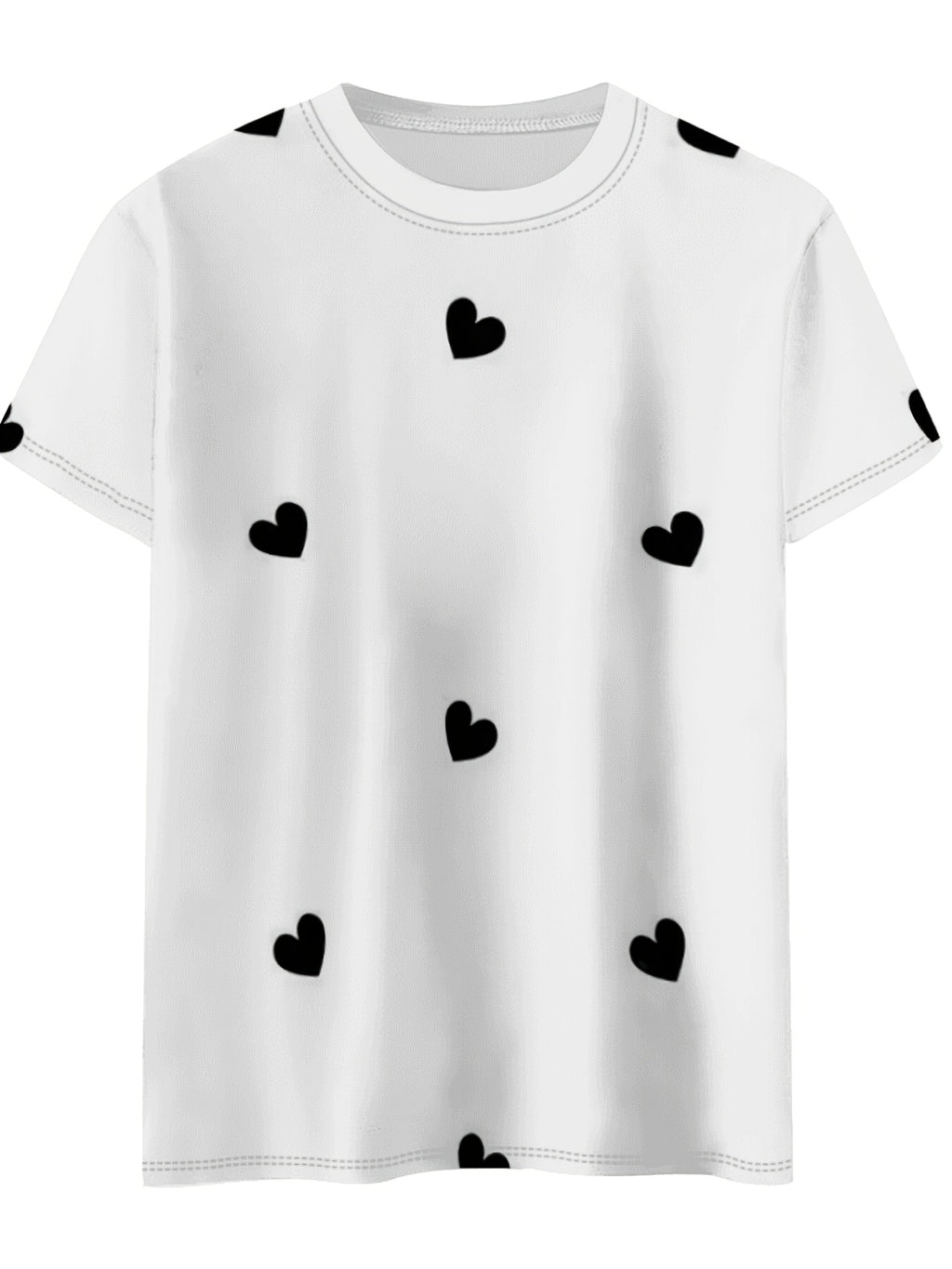 White t-shirt with black heart patterns on a white background