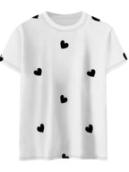 White t-shirt with black heart patterns on a white background