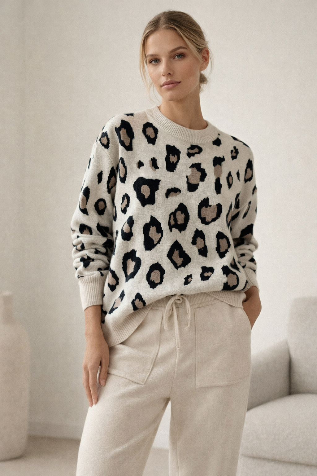Woman wearing a leopard print sweater and beige pants in a neutral setting