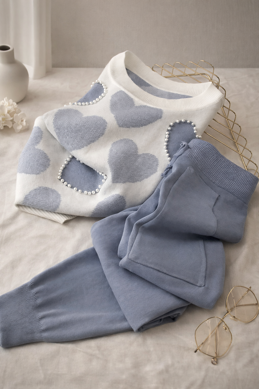 White sweater with blue heart patterns and matching pants on a light surface.