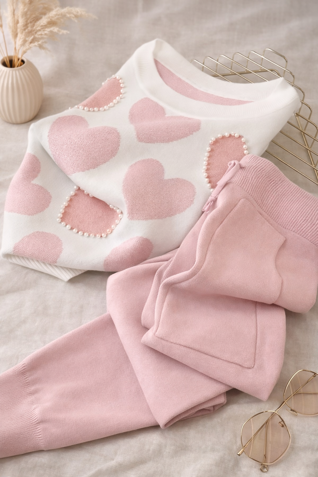 Pink heart-patterned sweater and pants set on a neutral background