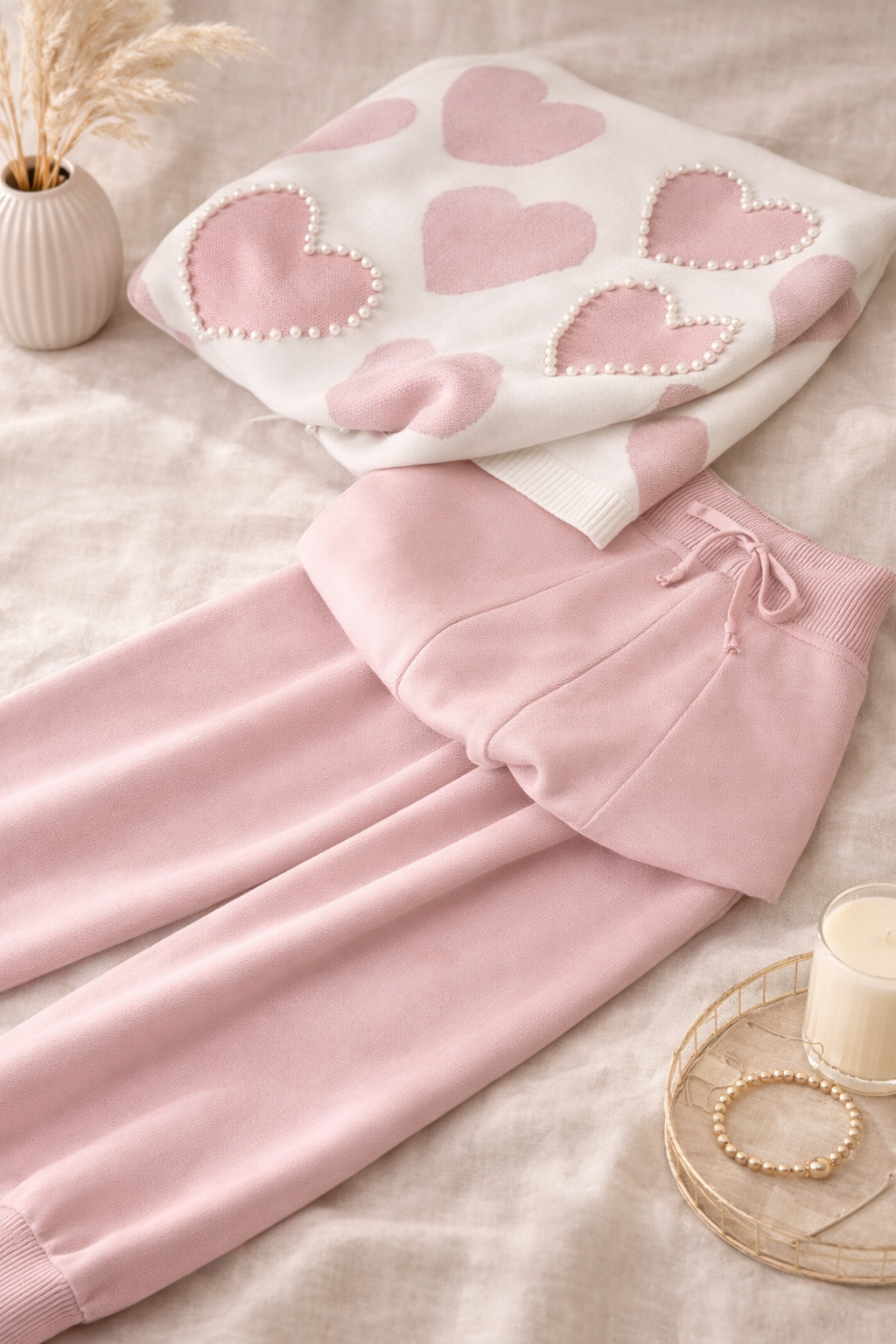 Pink heart-patterned outfit on a light surface with decorative elements.