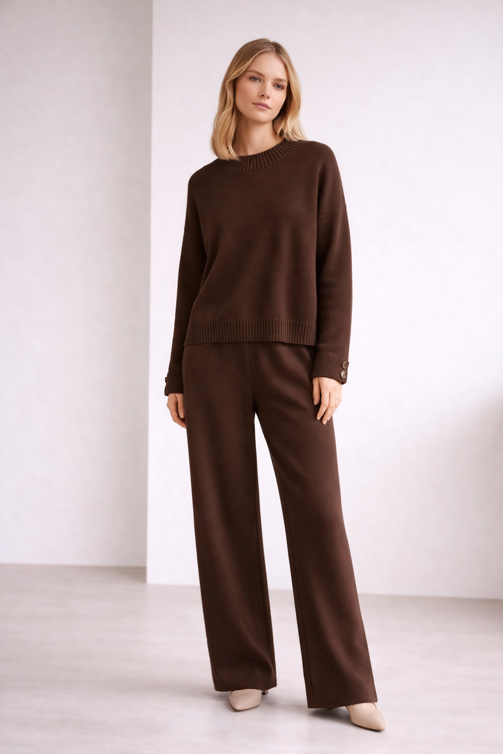 Woman wearing a brown outfit against a white background