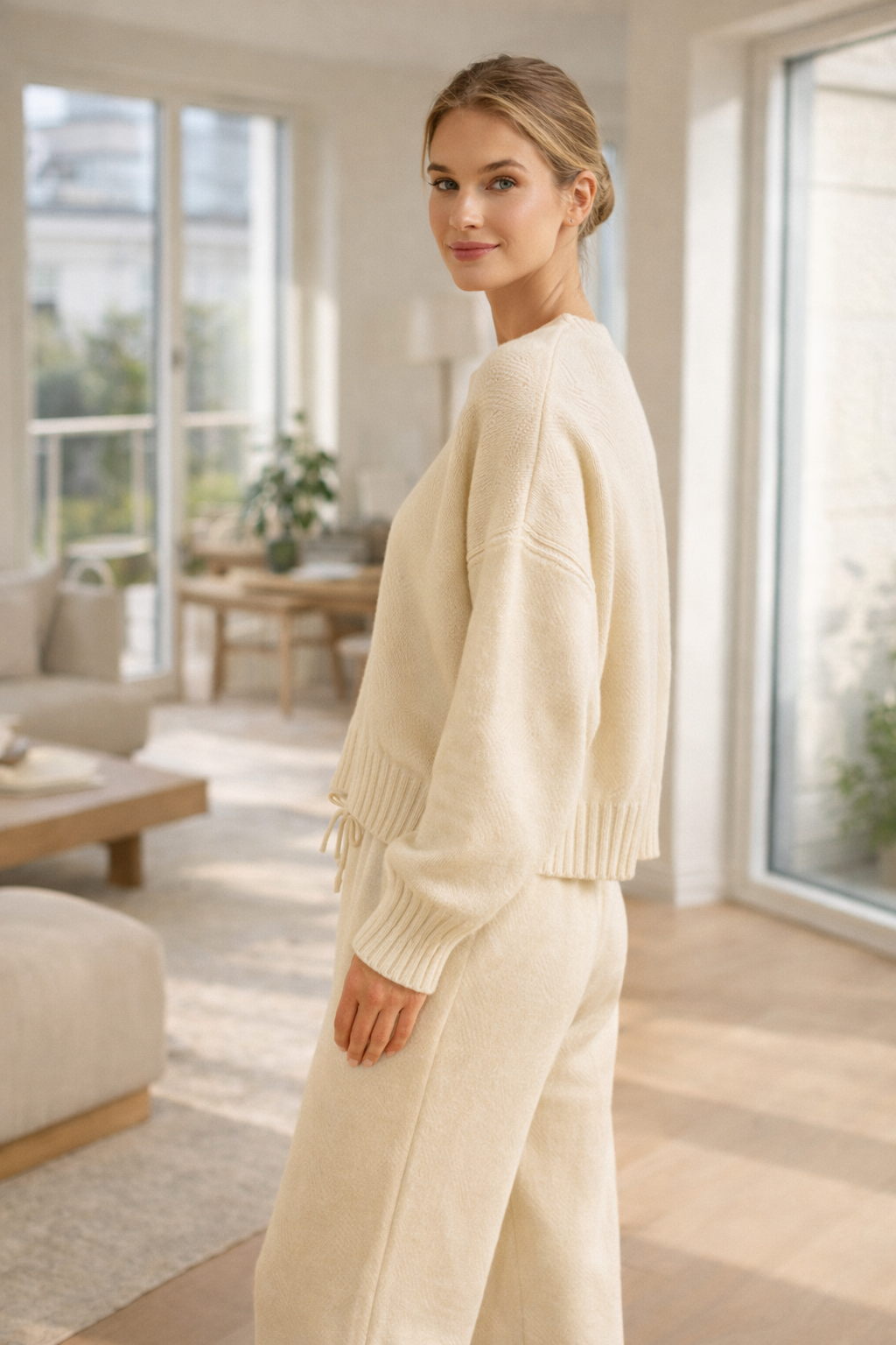 Woman wearing a cream sweater and pants in a modern living room.