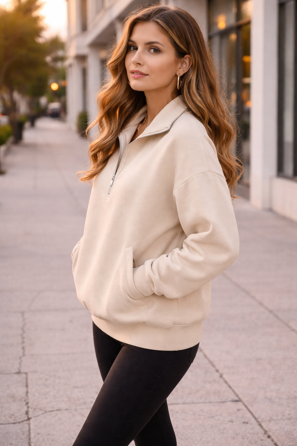Woman wearing a beige jacket on a city street