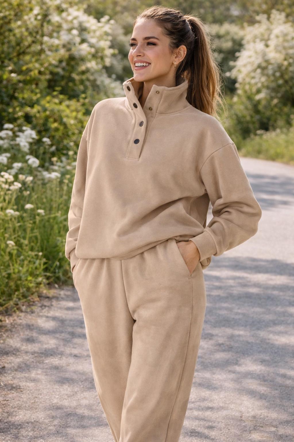 Woman wearing a beige fleece outfit standing on a path with greenery and flowers in the background