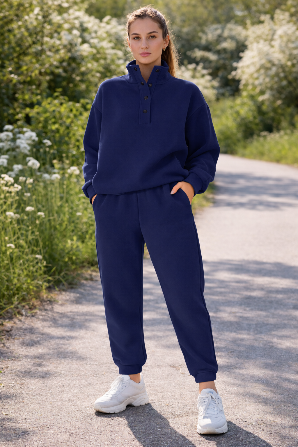 Woman wearing a navy blue tracksuit standing on a path with greenery around.