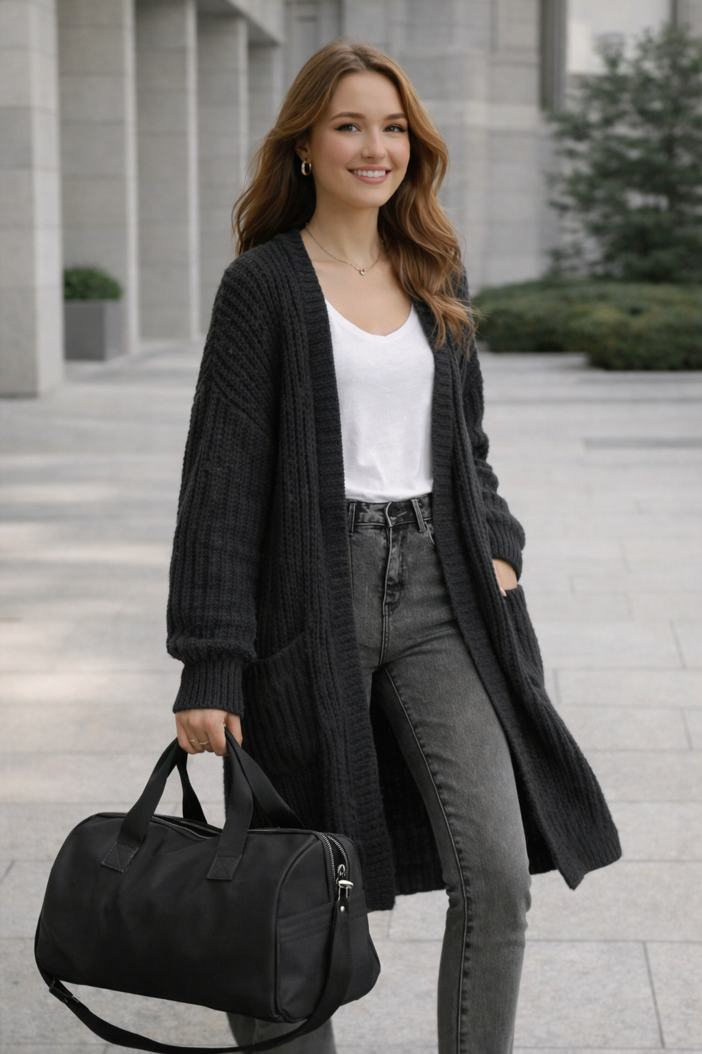Woman holding a black duffel bag in an urban setting